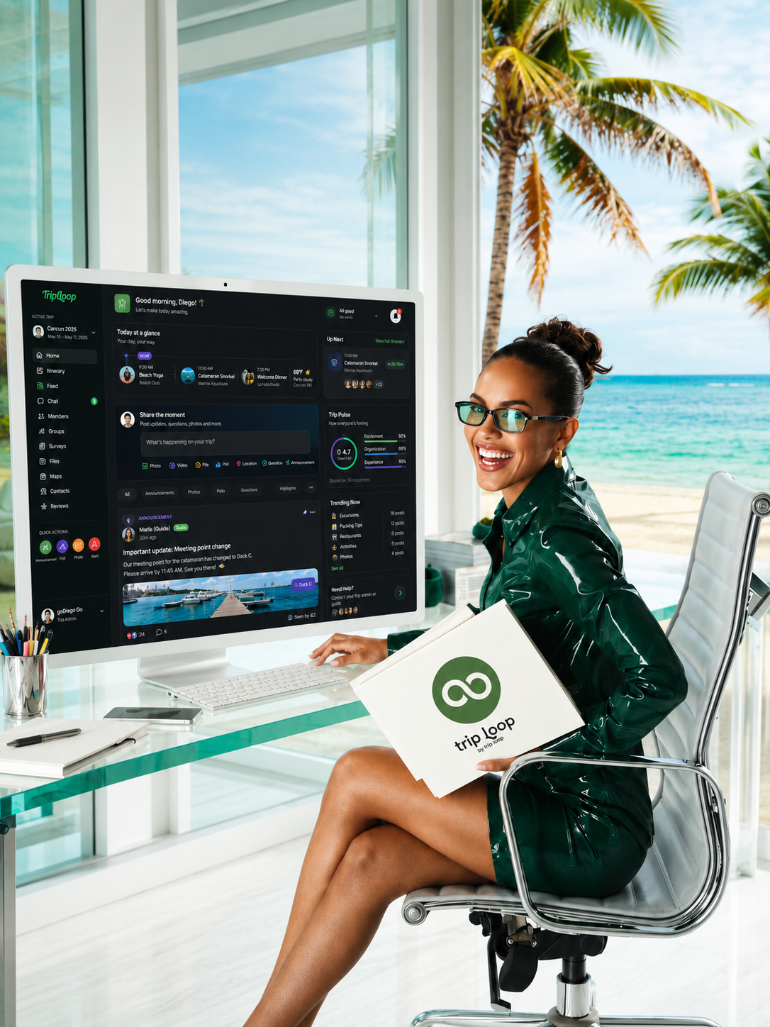 Trip Loop customer relaxing beachside with a laptop showing the Trip Loop dashboard and holding a Trip Loop branded box